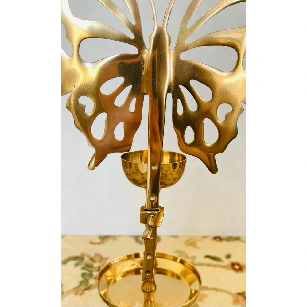 Vintage Tall Brass Butterfly Reflector Candlestick Candle Holder Korea MCM